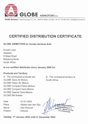 Globe Airmotors Distribution Certificate